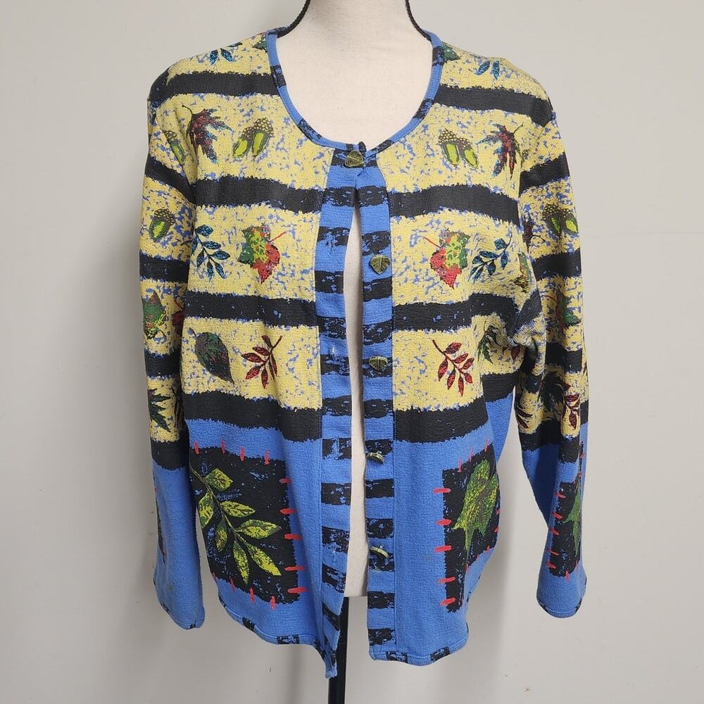 Vtg SPORT ELLE Jacket Large Cottagecore Floral Leaf Sweater Cardigan Painted